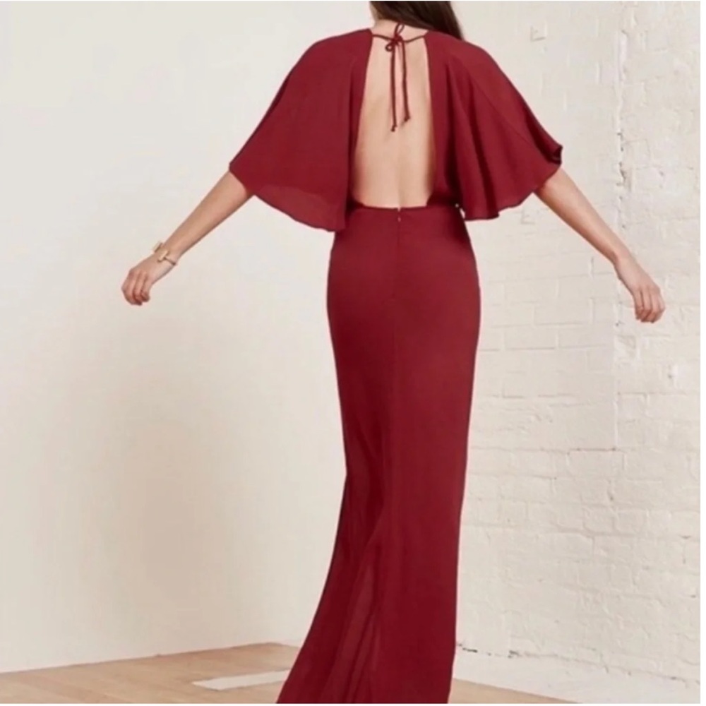 Reformation Escala Cherry Bomb Backless Cape-Sleeve Maxi Dress